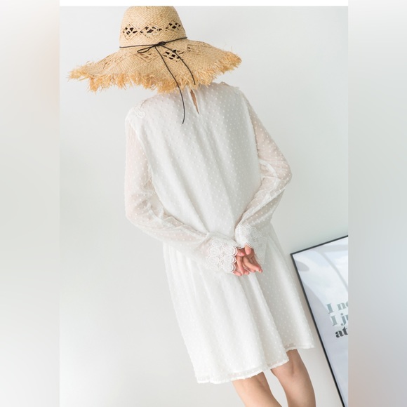 NWOT. I BLUES White dress with long sleeve embroidery Clip Dot Chiffon - Picture 2 of 16